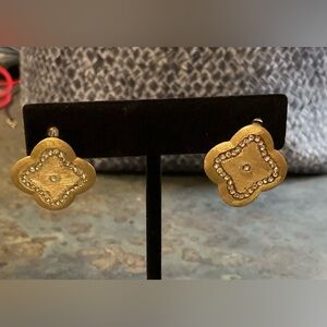 Anthropologie Gold Floral Quatrefoil Crystal Stud Earrings